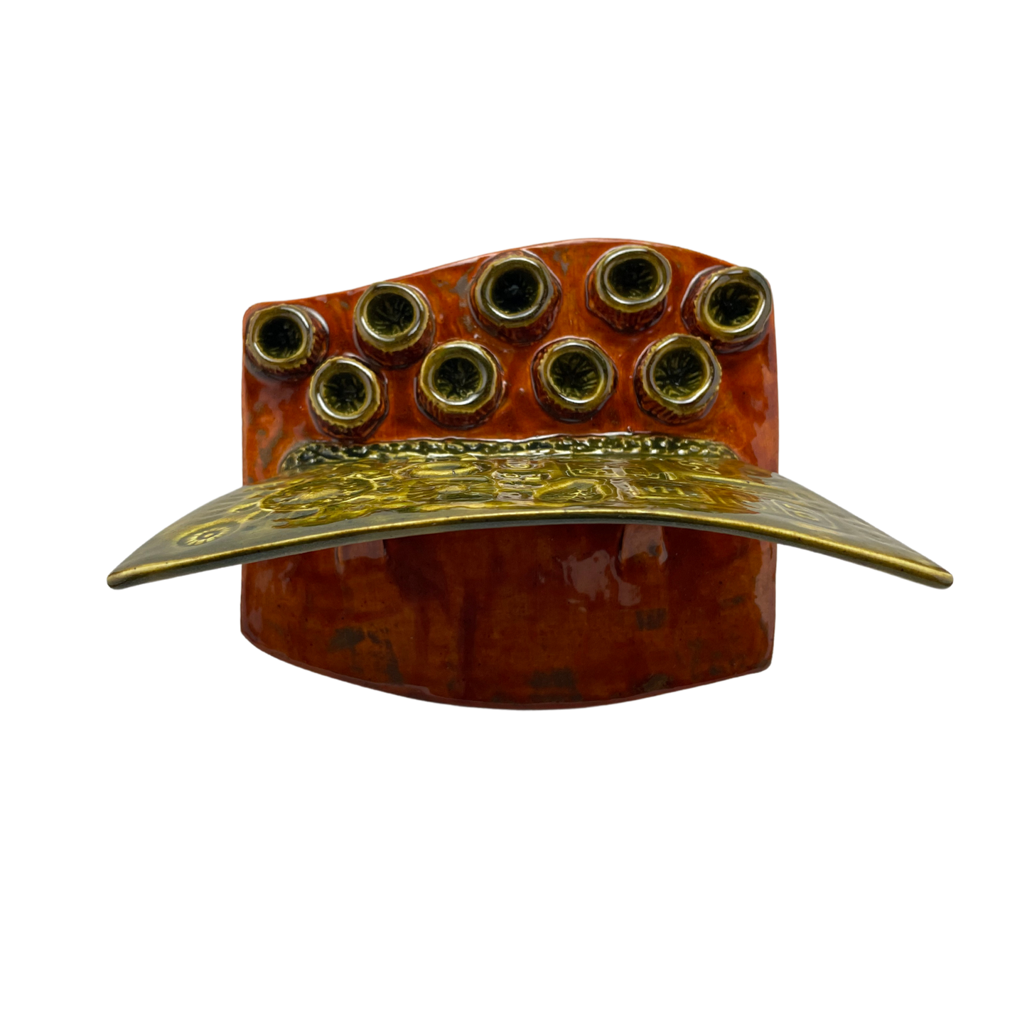 Handcrafted Stoneware Menorah - Olive Green and Charoset Burnt Orange