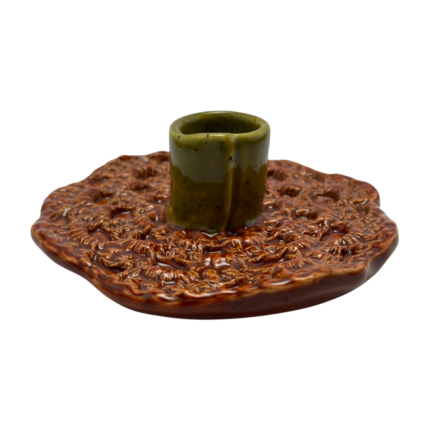 Ceramic Crochet Candle Holder - Charoset Burnt Orange and Kosher Dill Green