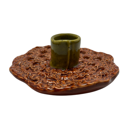 Ceramic Crochet Candle Holder - Charoset Burnt Orange and Kosher Dill Green