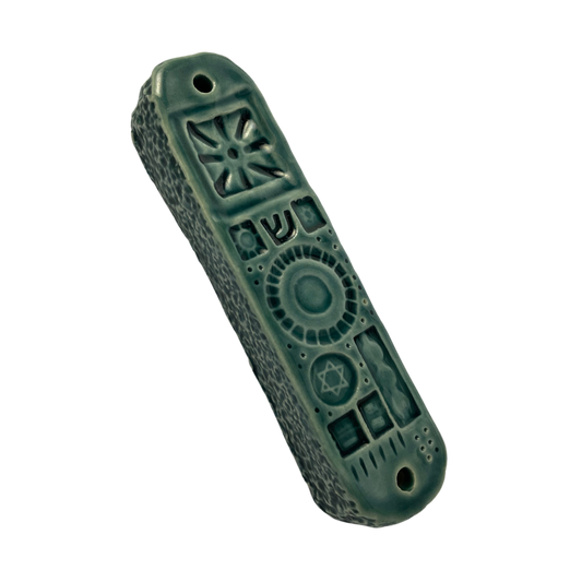 Handpainted Ceramic Mezuzah / Mezuzot from Jewish shop selling Judaica art and gifts. Handmade ceramic art teal blue